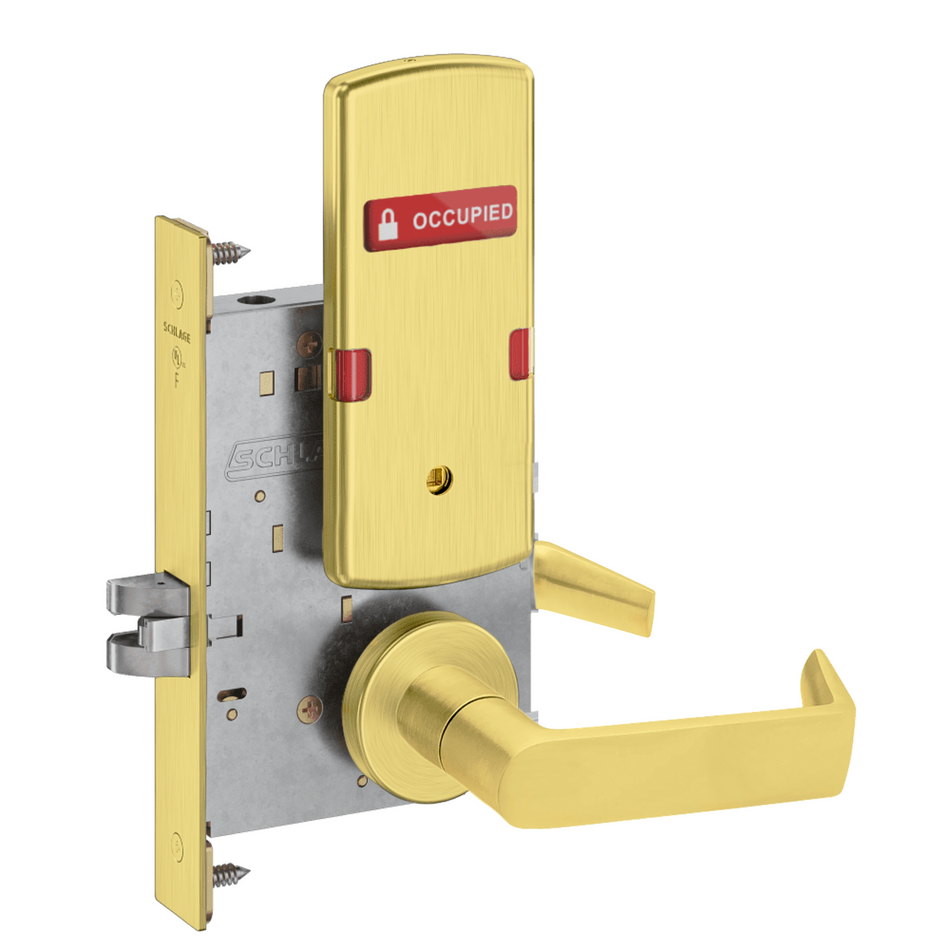 Schlage L9040 - Grade 1 Bed Bathroom Privacy Mortise Lock, Indicator displays with Text, Exterior Indicator displays "Vacant/Occupied"