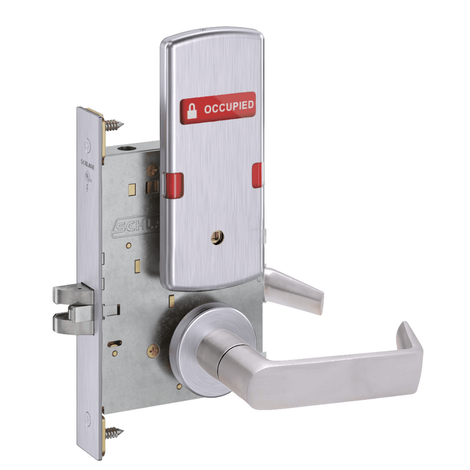 Schlage L9040 - Grade 1 Bed Bathroom Privacy Mortise Lock, Indicator displays with Text, Exterior Indicator displays "Vacant/Occupied"