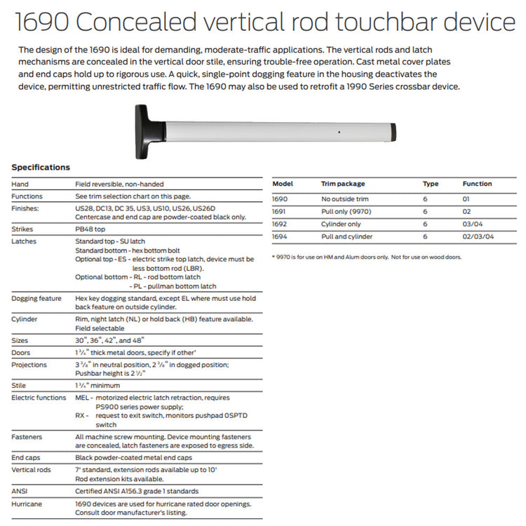 Falcon 1690 Concealed Vertical Rod Touch Bar Exit Device US Lock Supply