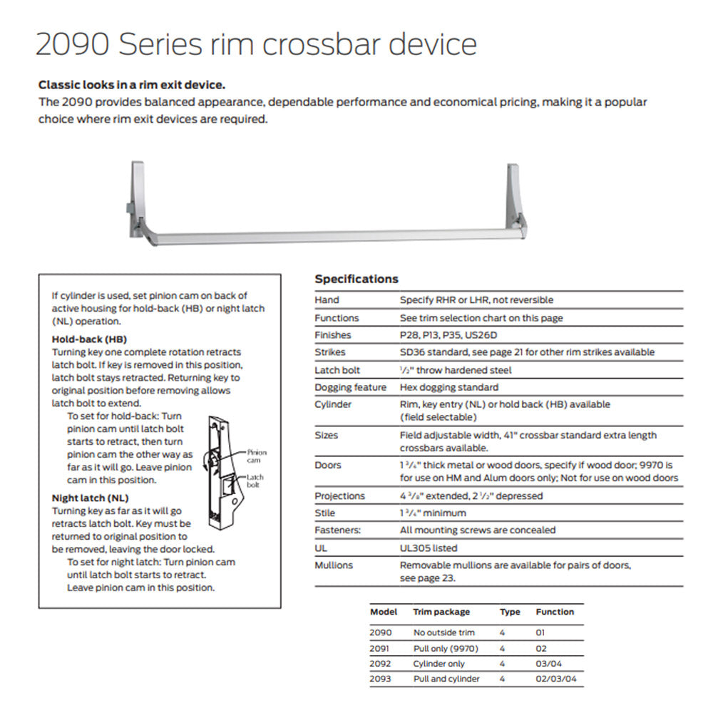 Falcon 2090EO Rim Cross Bar Exit Device – US Lock Supply
