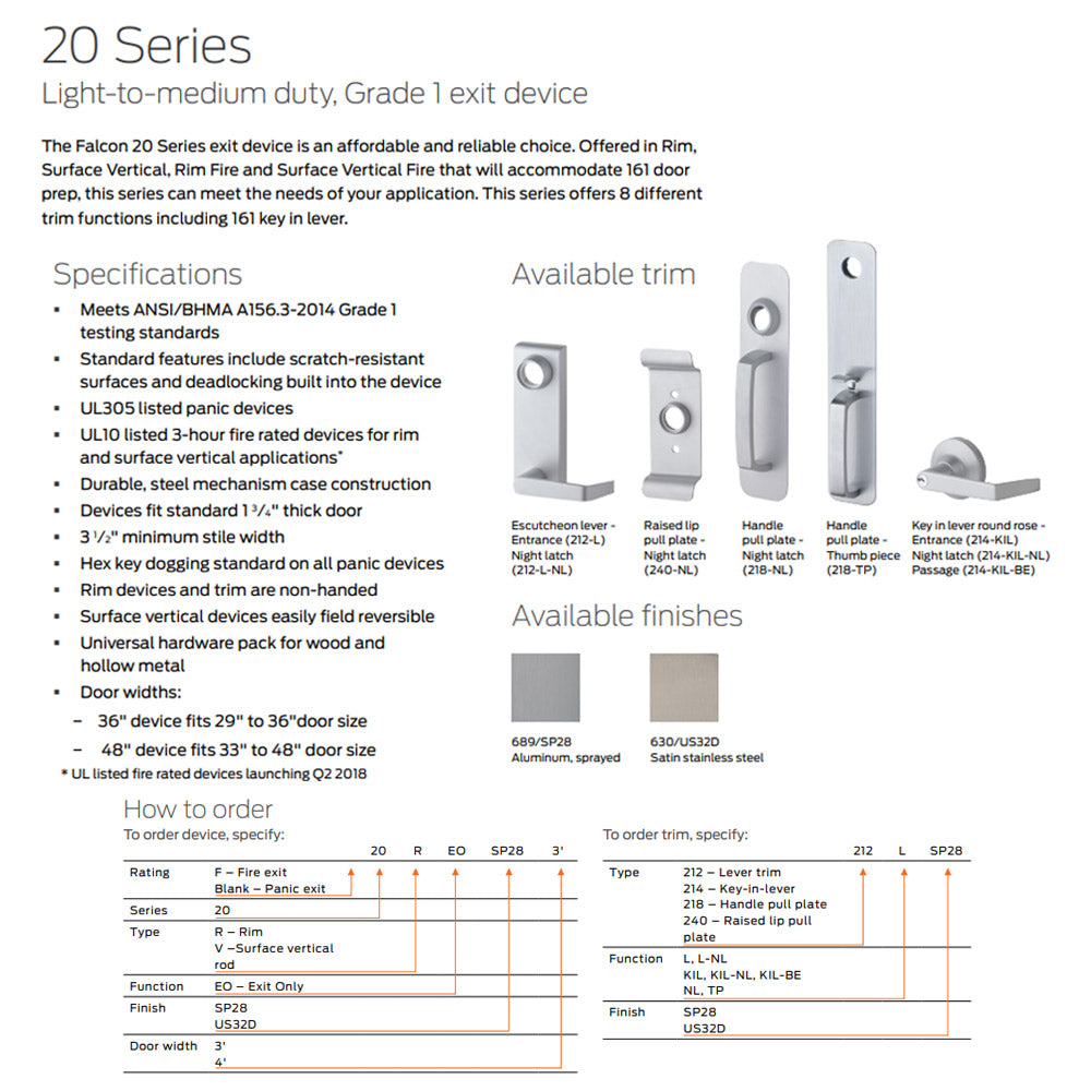 Falcon 214-KIL 20 Series Exit Device Trim, Rose Entrance Lever