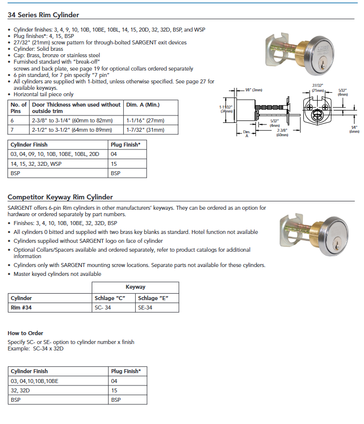 Sargent 34 Rim Cylinder – US Lock Supply