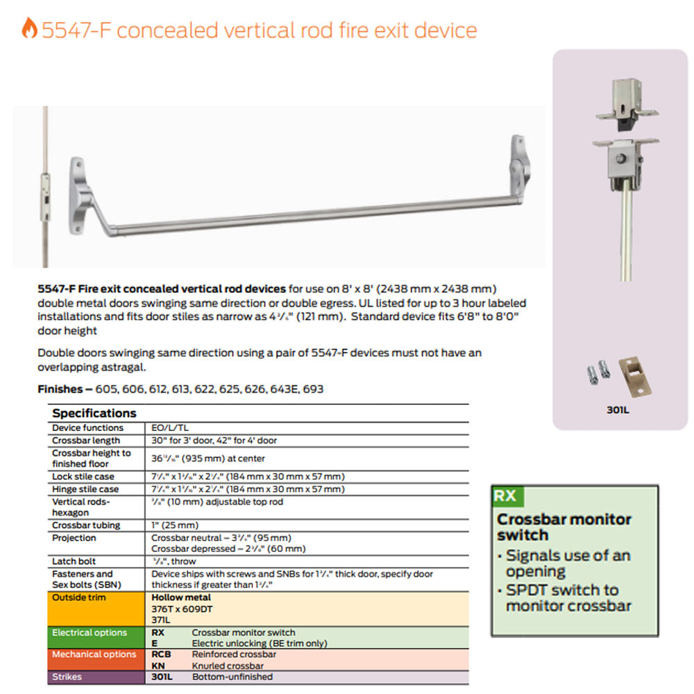 Von Duprin 5547EO Concealed Vertical Rod Cross Bar Exit Device 55