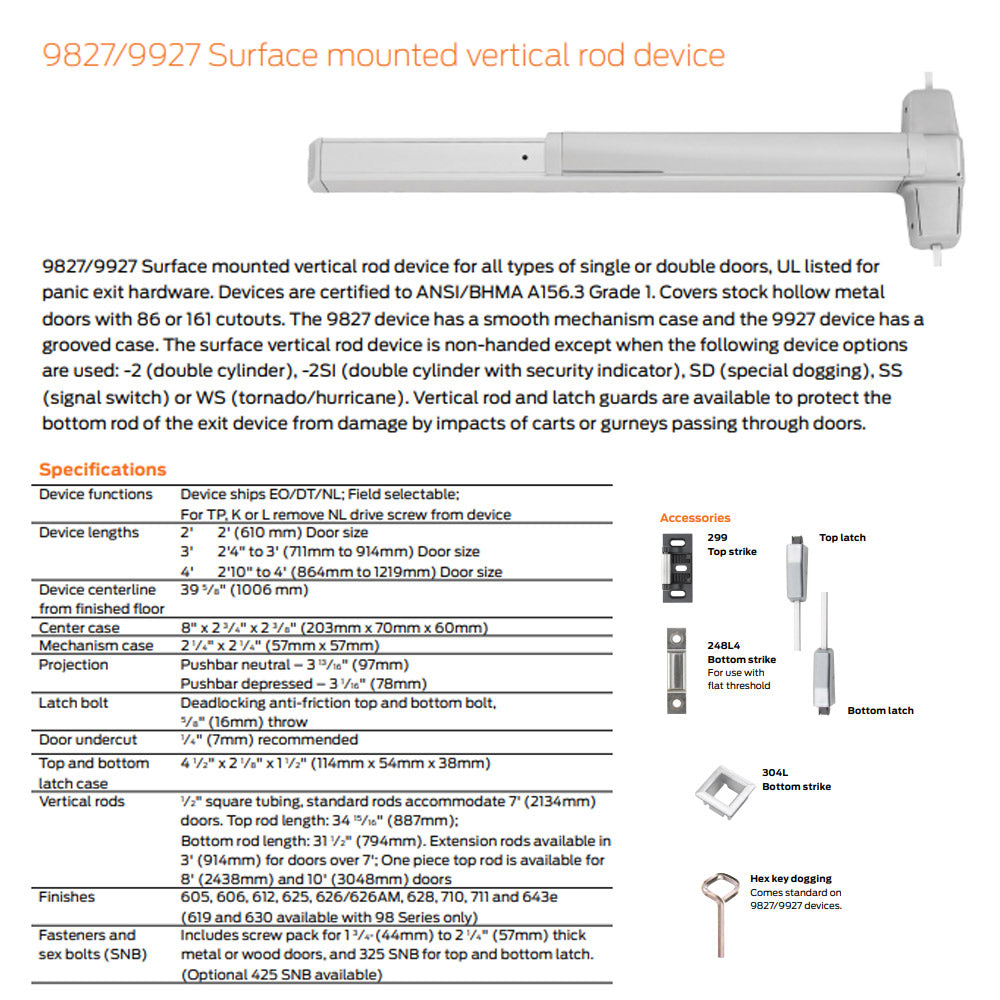 Von Duprin 9827EO/9927EO - Exit Only Surface Vertical Rod Device – US ...