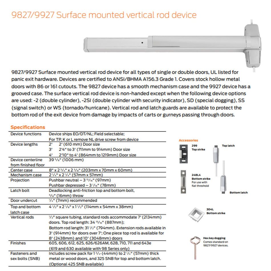 Von Duprin 9827EO/9927EO - Exit Only Surface Vertical Rod Device