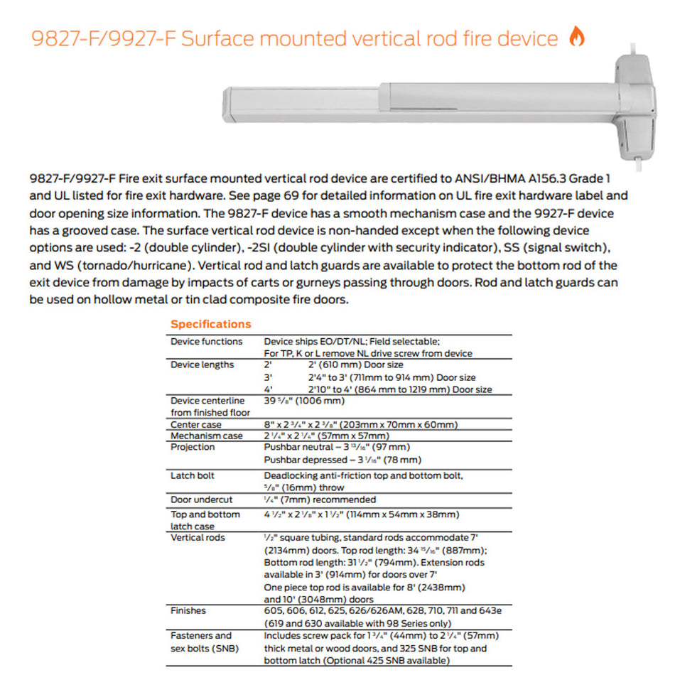 Von Duprin 9827TP-F/9927TP-F - Thumbpiece Surface Vertical Rod Device - Fire Rated