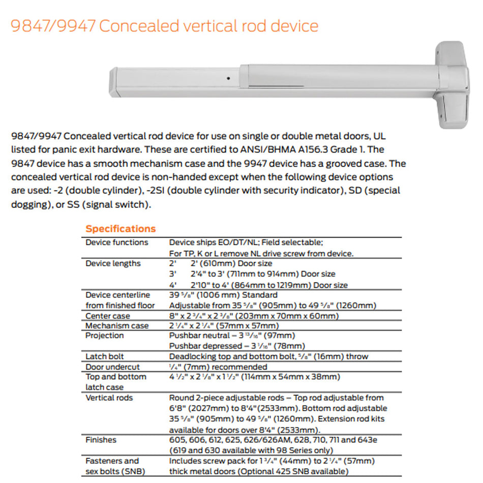 Von Duprin 9847DT/9947DT - Dummy Trim Concealed Vertical Rod Device