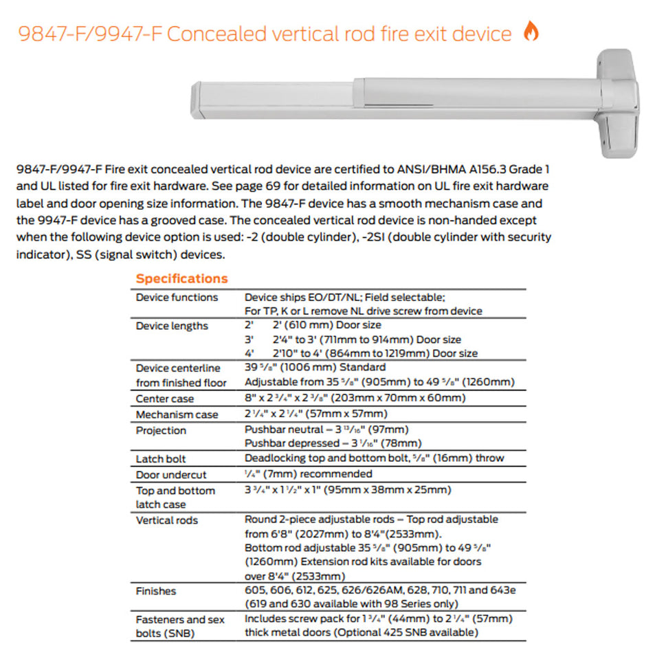 Von Duprin 9847EOF/9947EOF - Exit Only Concealed Vertical Rod Device - Fire Rated
