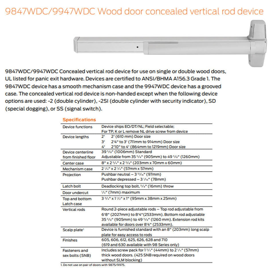 Von Duprin 9847WDCKBE/9947WDCKBE - Knob,Blank Escutcheon Wood Door Concealed Vertical Rod Device