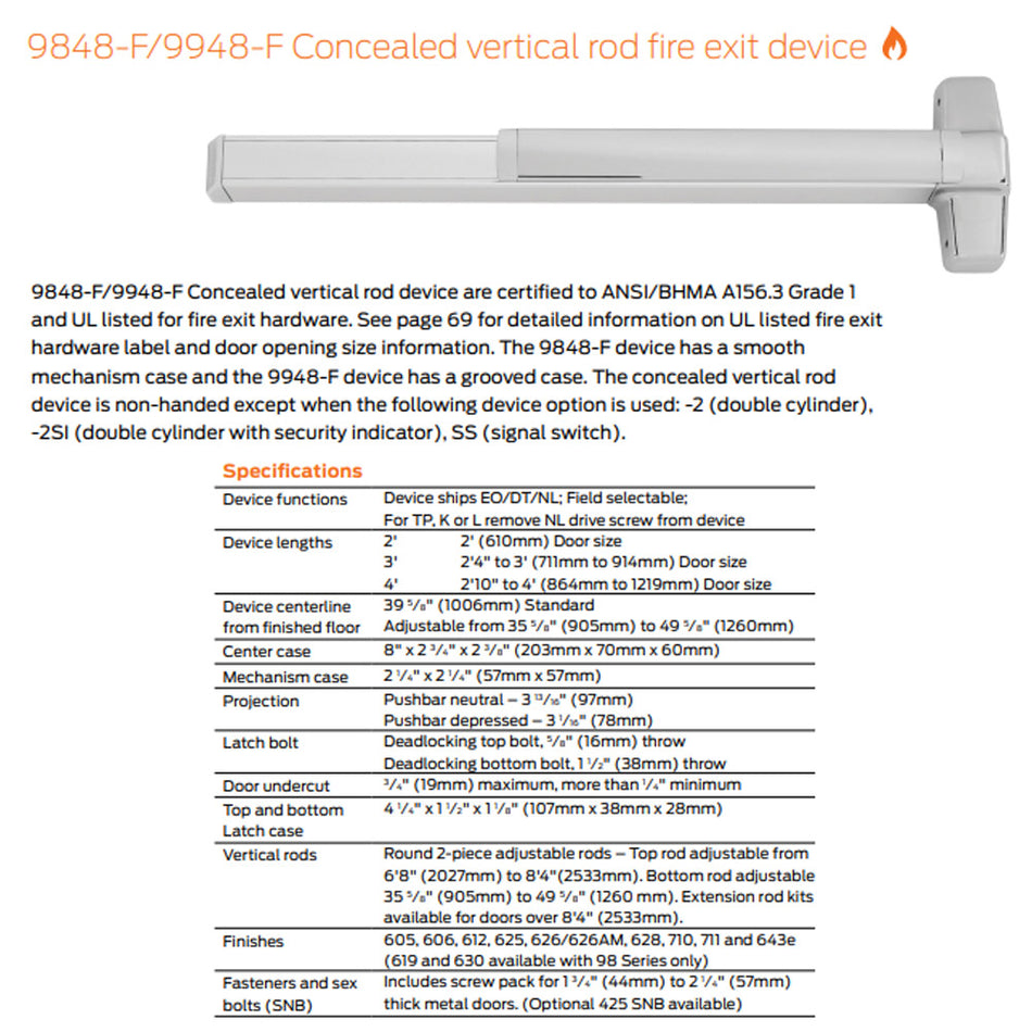 Von Duprin 9848L-KC-F/9948L-KC-F - Lever, Key Capture Concealed Vertical Rod Device - Fire Rated