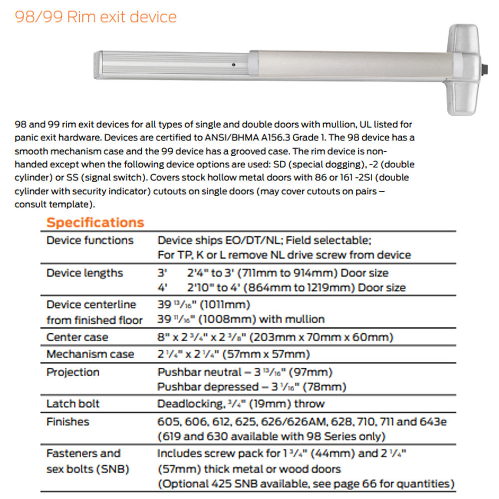 Von Duprin 98/99 Series Rim Exit Device - Night Latch - Optional Pull ...