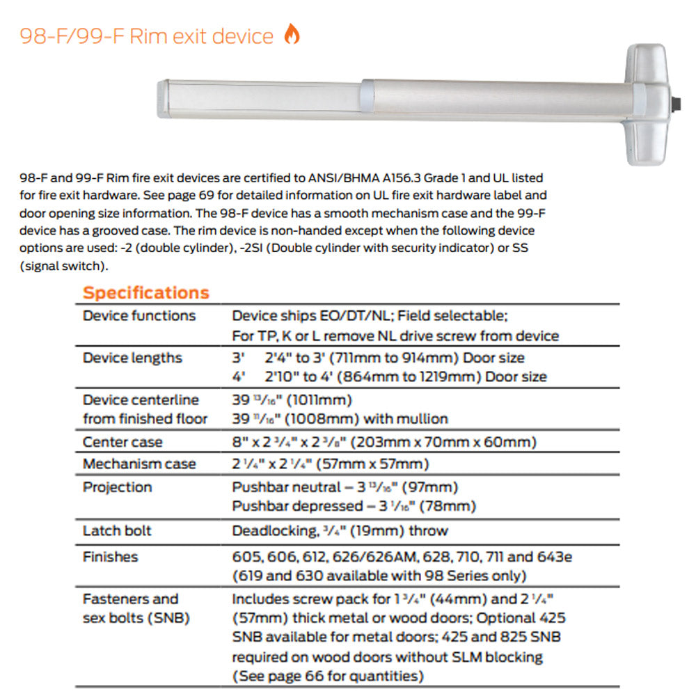 Von Duprin 98/99 - Exit Only Rim Exit Device - Fire Rated – US