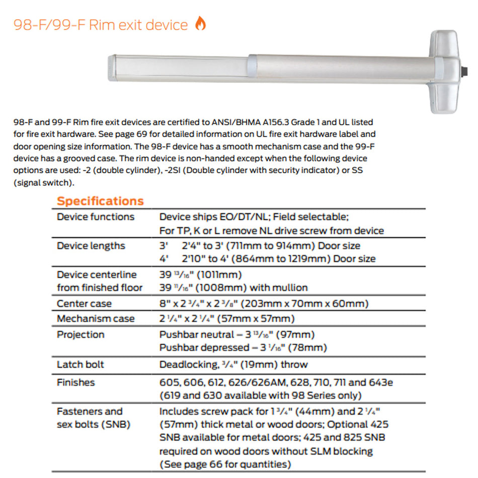 Von Duprin 9827TL-F/9927TL-F - Turn Lever, Surface Vertical Rod Device - Fire Rated
