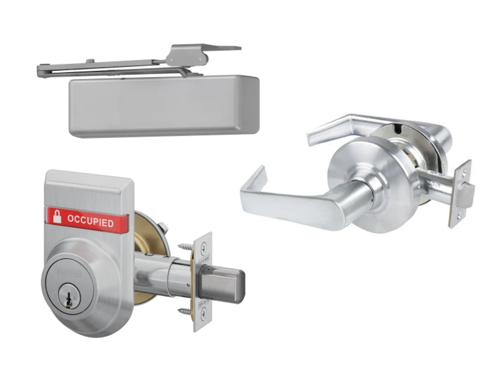 Schlage ALX10 x B560-OS-OCC x LCN 4040XP Passage Lever, Indicator Deadbolt & Door Closer Kit