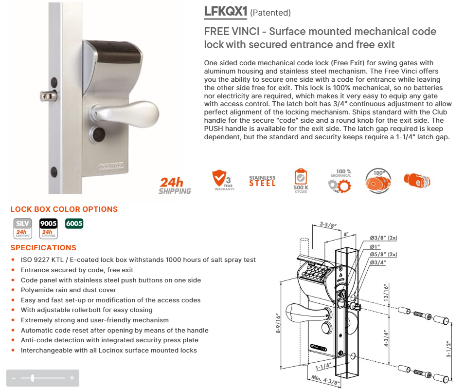 Locinox VINCI for Square Post - Surface mounted mechanical code lock US Lock Supply Locinox VINCI for Square Post - Surface mounted mechanical code lock US Lock Supply