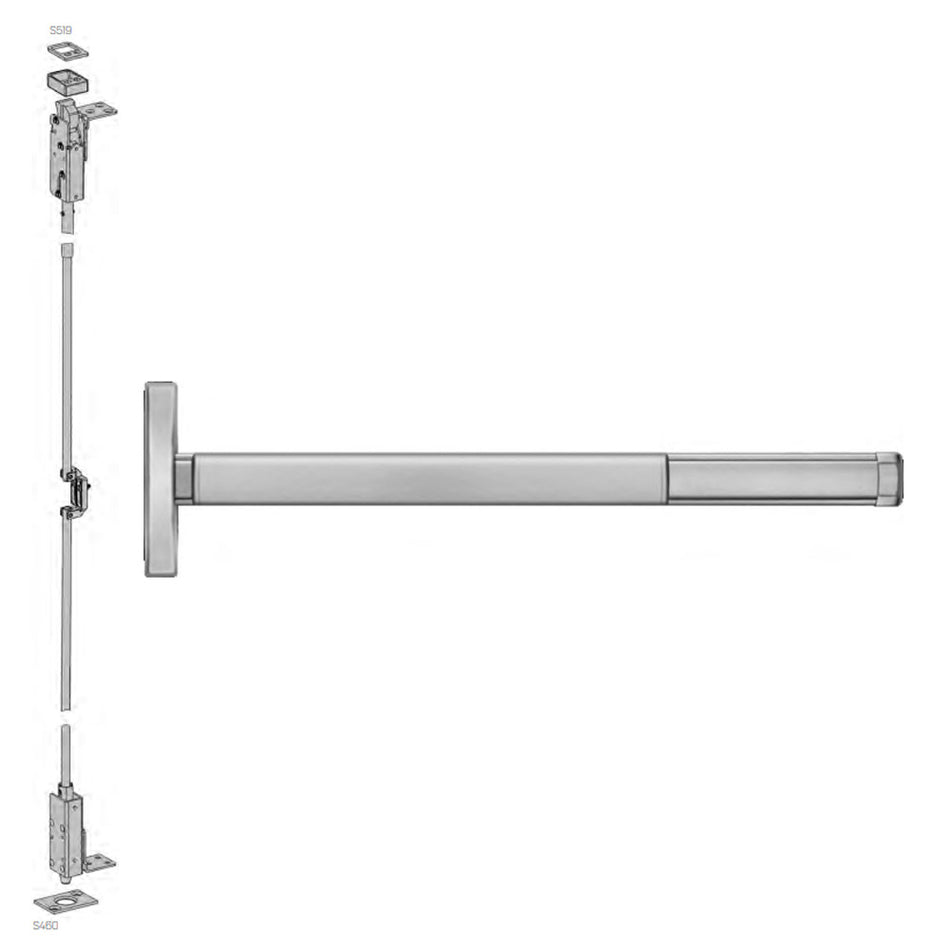 Precision (PHI) 2714 Series Wide Stile Reversible Concealed Vertical Rod Exit Device for Wood Doors - 36"/48" Lever/Knob Always Active