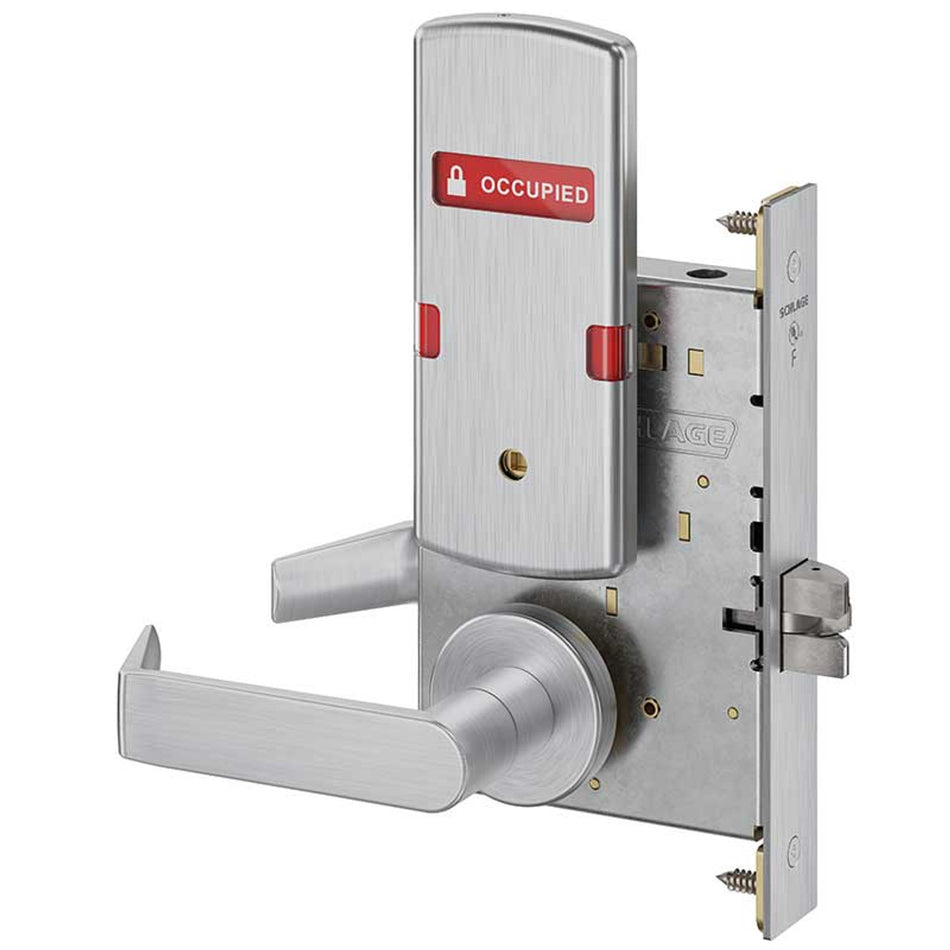 Schlage L9040 - Grade 1 Bed Bathroom Privacy Mortise Lock, Indicator displays with Text, Exterior Indicator displays "Vacant/Occupied"