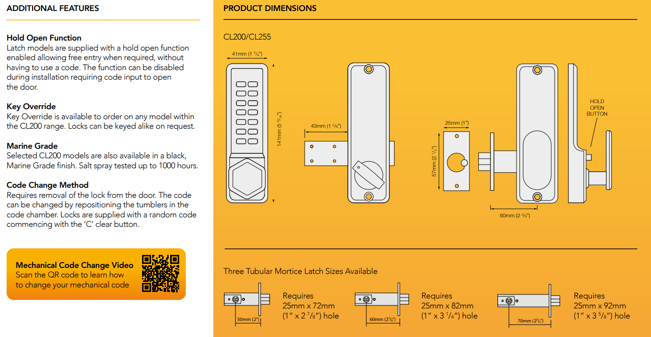 Codelocks CL200 Surface Latch with Key Override – US Lock Supply
