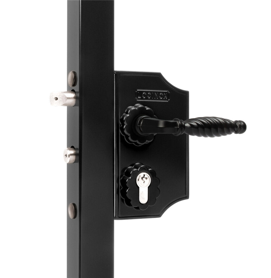 Locinox LAKQH2 - Large surface mounted ornamental gate lock for Square Profile with 3006FA - Zamac handle pair & Cylinder: VCA - Keyed to differ