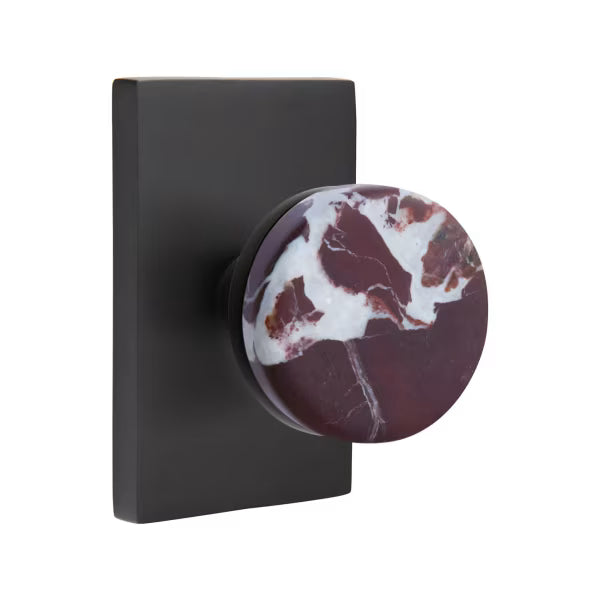 Emtek Conical Rosso Levanto Marble Knob with Modern Rectangular Rosette
