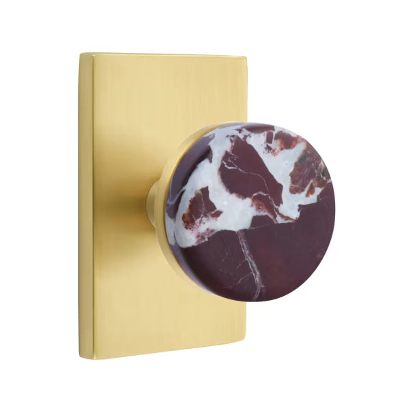 Emtek Conical Rosso Levanto Marble Knob with Modern Rectangular Rosette
