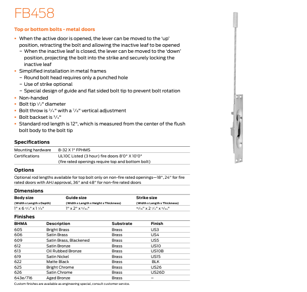 Ives FB458 Flush Bolt for Metal Door US Lock Supply