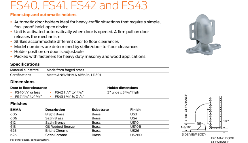 Ives - FS41 Floor Stop and Automatic Holder (Floor clearance 9/16